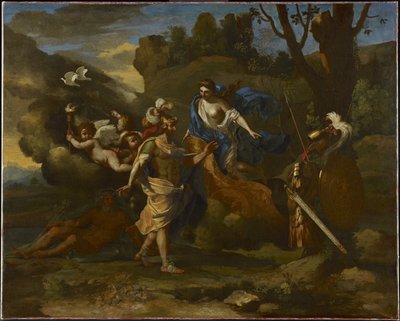 アイネイアースの母、ヴィーナス、バルカンによって鍛造された腕を彼に贈る、1635年頃（キャンバスに油彩） 作： Nicolas Poussin