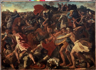 「アマレク人に対するヨシュアの勝利」 - 1624-1625 年頃、ニコラ・プッサン (1594-1665) によるイスラエル人とアマレク人の間の戦い中の絵画。 キャンバスに油彩。 フランスの芸術、バロック様式。 M 作： Nicolas Poussin