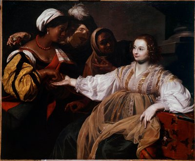 占い師 手相占い師に相談に来た女性がいました。ニコラ・レニエ（1591-1667）による絵画 日。1.2x1.5メートル 作： Nicolas Regnier