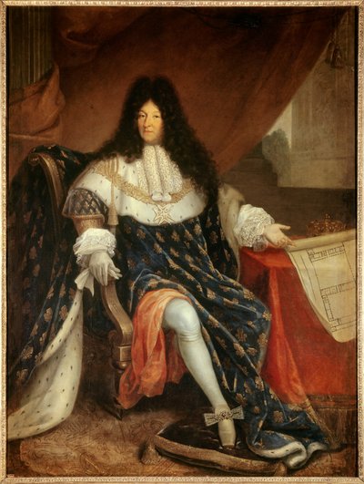 サン・シル（Saint-Cyr）の王家の計画書を持つルイ14世（1638-1715）の足元の肖像。ニコラ・ルネ・ジョラン旧作による絵画 作： Nicolas Rene Jollain
