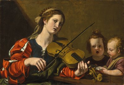 2人の子供が歌うバイオリンを弾く女性（キャンバスに油彩） 作： Nicolas Tournier