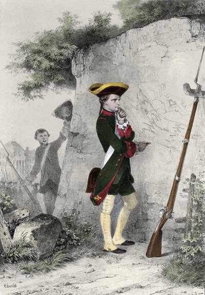 1783年、ブリエンヌの軍事学校でのナポレオン1世ボナパルト（1769 - 1821）。シャルレによる19世紀の版画。 作： Nicolas Toussaint Charlet