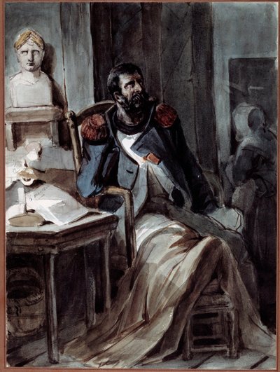 ナポレオン1世（1769-1821）の胸像の近くで病に倒れている元衛兵。Nicolas Toussaint Charlet (1792-1845)が1820年5月5日に描いたもの。Rueil-Malmaison, Musee national des chateaux de Malmaison et Bois-Preau 作： Nicolas Toussaint Charlet