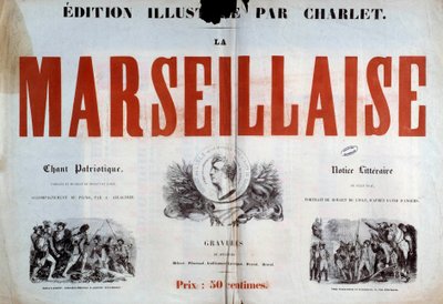 愛国歌「ラ・マルセイエーズ」のタイトルページ。Charlet Nicolas Toussaint (1792-1845) 19世紀パリ、国立公文書館のイラスト。 作： Nicolas Toussaint Charlet