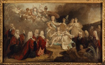 ルイ15世とスペイン王太子マリーアンヌヴィクトワールとの婚約の寓意（1722年）、油彩・カンヴァス 作： Nicolas de (workshop) Largilliere