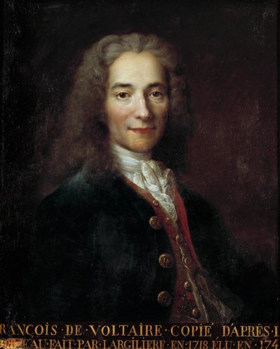 フランスの作家・哲学者、フランソワ・マリー・アルエ（Francois Marie Arouet dit Voltaire, 1694 - 1778）の肖像。ニコラ・ド・ラルジリエール（1656～1746）による模写 作： Nicolas de Largillière