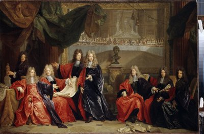 1687 年に修復された後、オテル ド ヴィルで太陽王 (1638-1715) として知られるルイ 14 世 14 世の祝賀ディナーについて話し合うパリ市のプロヴォストと治安判事 作： Nicolas de Largillière