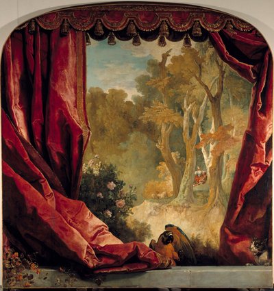 カーテン、風景、動物が描かれた装飾的な構図 ニコラ・ド・ラルジリエール（1656-1746）の絵画 18世紀 日2,61×2,51メートル 作： Nicolas de Largillière