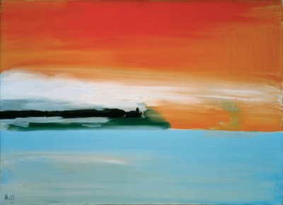 海辺の鉄道、夕日 作： Nicolas de Staël