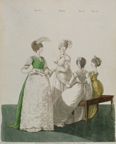 N.ハイデロフの「Gallery of Fashion」（1800年4月）のボールドレスを着た4人の女の子 作： Nicolaus von Heideloff