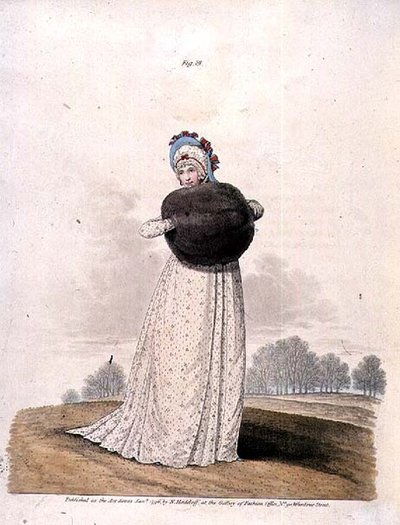1796年1月、N. Heidloffの「Gallery of Fashion」に掲載されたモスリンのドレス（カラーエングレービング） 作： Nicolaus von Heideloff