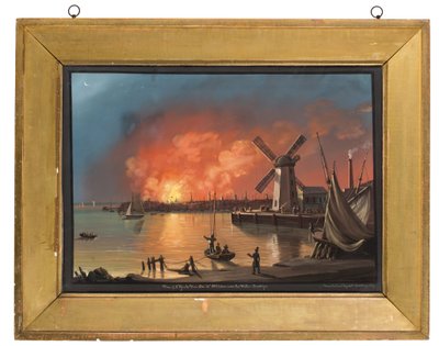 1835年12月16日、ブルックリンの製粉所の近くで撮影されたニューヨークの火の眺め 作： Nicolino Calyo