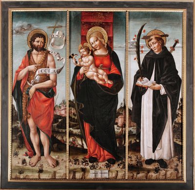 洗礼者聖ヨハネとヴェローナの聖ペテロの間の聖母子 (Pietro Martire または Pietro da Verona, ca. 1205-1252) (洗礼者聖ヨハネとヴェローナの聖ペトロと子供を持つ聖母) 作： Nicolo da Cremona