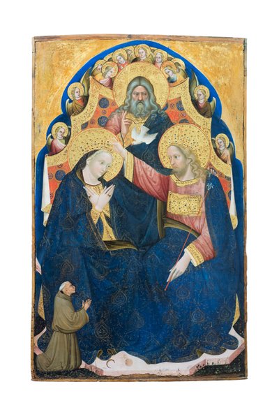 1394年から1427年にヴェネツィアで活躍したフランシスコ会の寄付者、ニッコロ・ディ・ピエトロによる聖母の戴冠式（木のテンペラ） 作： Nicolò di Pietro