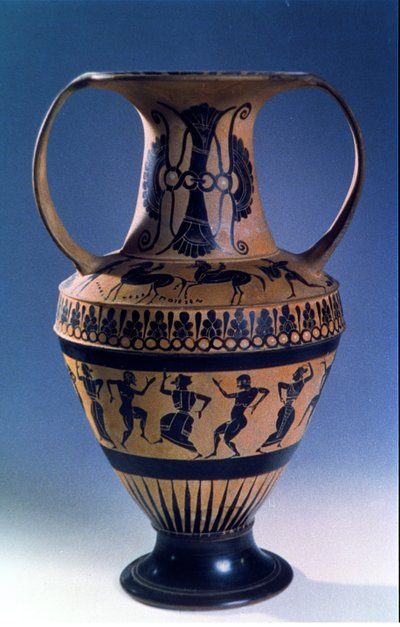 ダンサーを描いた屋根裏の黒い図のアンフォラ、紀元前535〜38年頃（陶器） 作： Nicosthenes