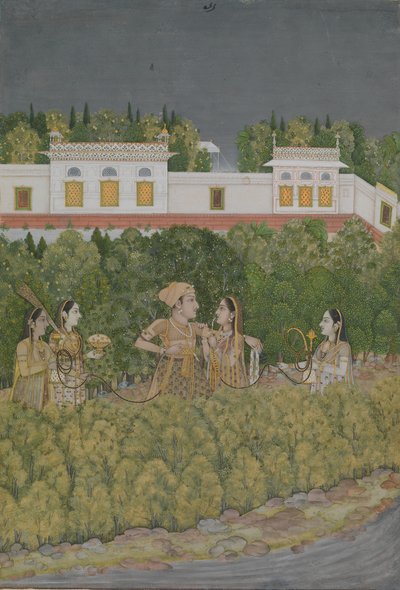 18世紀半ばの庭園の王子と女性。 作： Nidha Mal