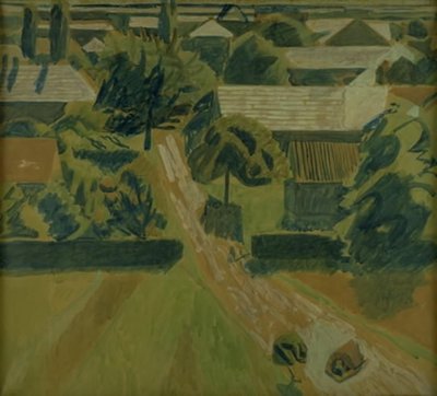 家のある風景と二人が鼻をついて横たわっている道路 作： Niels Larsen Stevns