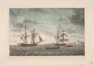 1808 年 6 月 19 日、ブリッグ ローゲンとの戦いの後、イギリスのカッター ブリッグ シーガル 作： Niels Truslew