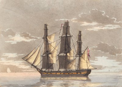 すべての帆が穏やかな海の景色にセットされたデンマークのフリゲート艦 作： Niels Truslew