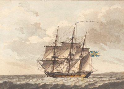 装備された主帆が風の下にあるスウェーデンのフリゲート艦 作： Niels Truslew