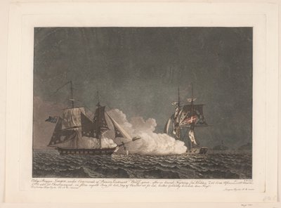 1808 年 3 月 14 日のブリッグ ロウゲンとイギリスのブリッグの間の戦い 作： Niels Truslew