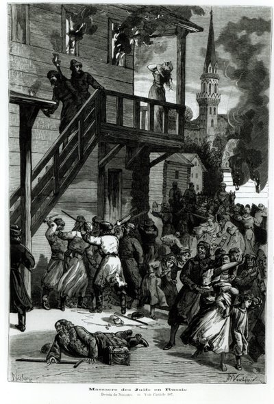 1881年6月のLe Journal IllustreのGustave Voulquin（fl.1880-90）によって刻まれたロシアのユダヤ人虐殺（bw写真） 作： Nielsen