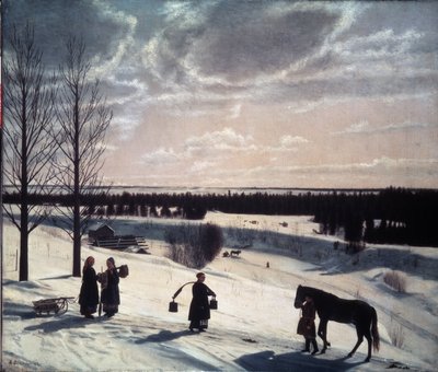 冬のシーン、ロシアの冬 (冬のシーン、ロシアの冬)。 夕方の光の中で雪が降る風景の描写。道端に人物がいる。1 人は馬と女性を先導し、大量のバケツ、2 人がソリの近くで話している。 ペイ 作： Nikifor Stepanovich Krylov