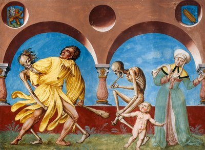 アルブレヒト・カウフの「死の舞踏」サイクルより、「死」と「バカ」と「子連れの母」。 作： Niklaus Manuel