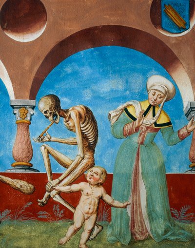 母親から子供を引き離す死、アルブレヒト・カウフの「死の舞踏」サイクルの中の「死」「バカ」「子供を連れた母親」のディテール 作： Niklaus Manuel