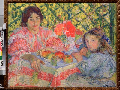 朝食のテーブルで - ニコライ・アレクサンドロヴィッチ・タルホフの絵画 (タルホフ、タルコフ、タルホフまたはタルコフ) 作： Nikolai Aleksandrovich Tarkhov