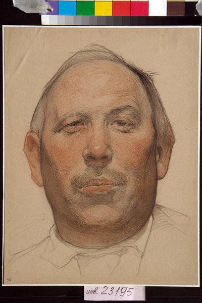 Portrait de Demian Bedny (1883-1945) - Oeuvre de Nikolai Andreevich Andreev (1873-1932), sanguine et craies sur papier (32x24,2 cm), vers 1920 - (Demyan Bedny の肖像、Nikolay Andreyevich Andreyev 作、楽観的、黒 紙に白いチョーク 作： Nikolai Andreevich Andreev