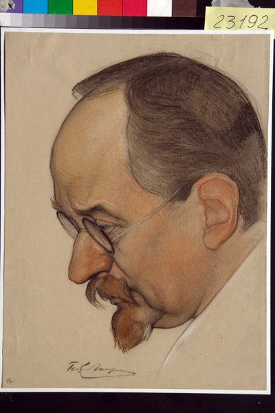 Georgi Vasilyevich Tchitcherine (1872-1936) の肖像 - Nikolai Andreevich Andreev (1873-1932) の作品、紙に血とチョーク (32.4x24.1 cm) 作： Nikolai Andreevich Andreev
