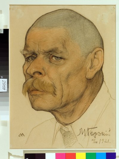 ロシアの作家マキシム ゴーリキー (1868-1939) の肖像 - ニコライ アンドレーヴィッチ アンドレーエフ (1873-1932) の作品、紙に血とチョーク (32.6x24.3 cm) 作： Nikolai Andreevich Andreev