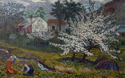 開花するリンゴの木、ストロムスボ農場、1912年頃（キャンバスに油彩） 作： Nikolai Astrup