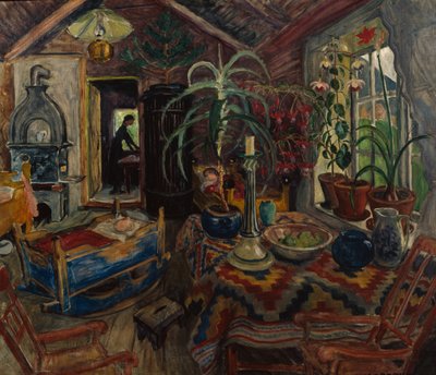 ゆりかごのあるインテリア、1925年頃（キャンバスに油彩） 作： Nikolai Astrup