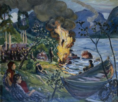 ジョルスターウォーターの真夏の火事（キャンバスに油彩） 作： Nikolai Astrup