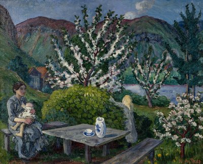 ガーデンテーブルのそばの母と子（キャンバスに油彩） 作： Nikolai Astrup