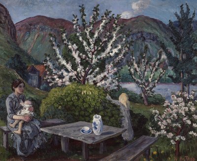 庭のテーブルで母と子 作： Nikolai Astrup