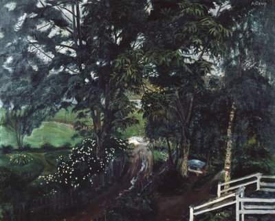 ジョルスター牧師館の木々の下の雨のような雰囲気 作： Nikolai Astrup