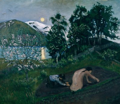 庭の春の夜、庭の夜の仕事 作： Nikolai Astrup