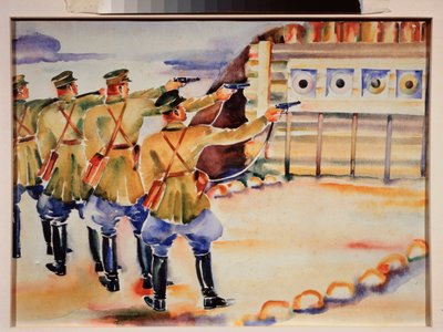 射撃訓練場 (兵士の列がターゲットを訓練する) - ターゲット練習の場所 - ニコライ・ドミトリエヴィッチ・プロホロフ (1896-1942) の作品、紙に水彩、1930 年頃 - ロシア美術、20 世紀、ソビエト美術 - Regional Art Mu 作： Nikolai Dmitrievich Prokhorov