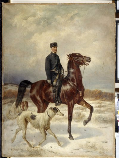ハンター（ハンター）。 馬に乗って、彼のバルゾイ犬 (ロシアのグレイハウンド) と一緒に。 Nikolai Yegorovich Sverchkov (Nicolas Swertschkoff) (1817-1898) による絵画、キャンバスに油彩。 ロシア美術 作： Nikolai Egorevich Sverchkov