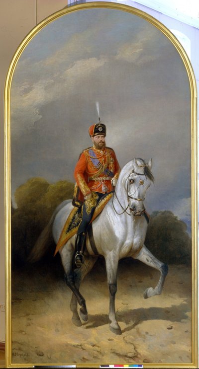 皇帝アレクサンドル 3 世 (1845-1894) の肖像画は、近衛騎兵連隊の制服を着ています。 （ライブガードのハッサー連隊の制服を着た皇帝アレクサンドル3世（1845-1894）の肖像）。 Nikolai Yegorovich Sverchkovによる絵画 作： Nikolai Egorevich Sverchkov