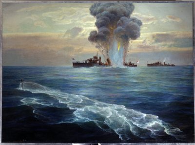 ロシア内戦: 1919 年 9 月 1 日、セスカー島 (フィンランド湾) 沖でボリシェヴィキ潜水艦パンテラの魚雷攻撃を受けるイギリス駆逐艦ヴィクトリア 作： Nikolai Evlampievich Bublikov