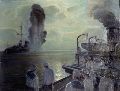 1917 年のロシア革命: 1918 年 6 月 18 日にロシアの黒海艦隊が自らの船を沈めた (1918 年 6 月 18 日の黒海艦隊の自己沈没)。 Nikolai Eviampievich Bublikov (1871-1942) の絵画、キャンバスに油彩 作： Nikolai Evlampievich Bublikov