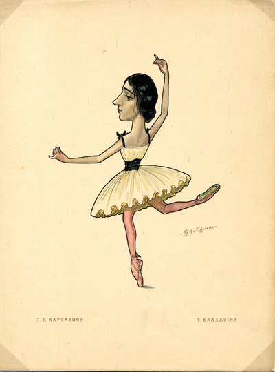 バレエ ダンサー タマラ カルサヴィナ 出典: ロシア バレエの風刺画、1902-1905 作： Nikolai Gustavovich Legat