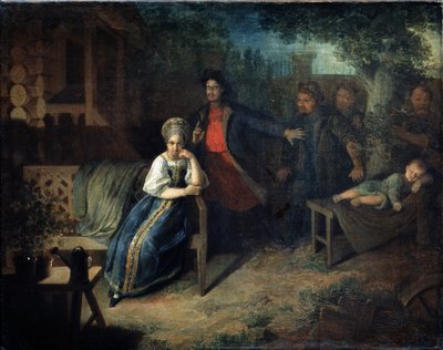 強盗Yegor Bashlykが商人の妻Grunyaを誘拐します。 Nikolai Mikhailovich Alexeyev (1813-1880) の絵画。 キャンバスに油彩、77.7 x 99.2 cm 作： Nikolai Mikhailovich Alexeyev