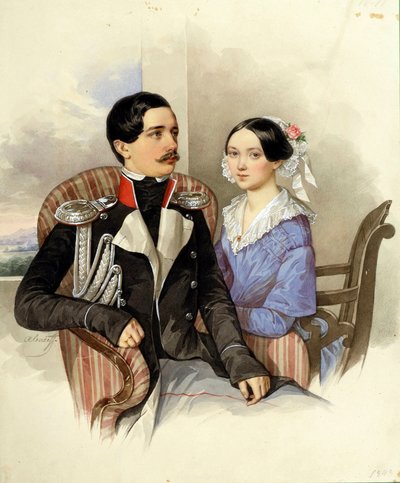 ヤコフ・カルロヴィッチ・シーヴァース伯爵 (1818-1865) とヴェラ・ミハイロフナ伯爵夫人 (1818-1865) の肖像 - N・M・アレクセーエフ (1800-1850) によるアートワーク 作： Nikolai Mikhailovich Alexeyev