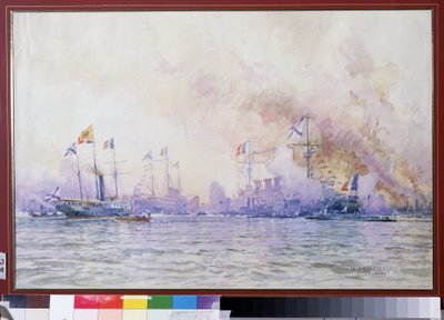 1893年、フランス戦隊がクロンシュタットに到着。 仏露同盟に続くフランス海軍 (軍艦、フリゲート艦、コルベット) のリアルな描写を伴う海の風景 作： Nikolai Nikolaevich Gritsenko