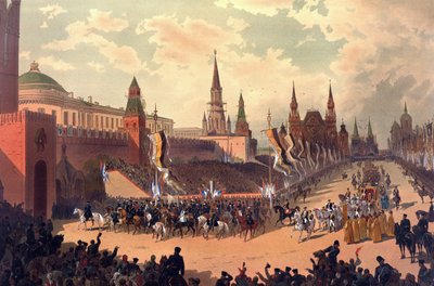 ロシア皇帝アレクサンドル 3 世 (1845-1894) と皇后マリア フョードロヴナ (デンマークのダグマー) (1847-1928) の戴冠式アルバム - 赤の広場でのアレクサンドル 3 世の儀式入場 (戴冠式アルバムより) 作: Karasin , Nikolai Nikolayevich 作： Nikolai Nikolayevich Karasin